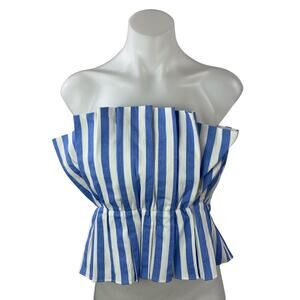 Interstyle Blue White Striped Sleeveless Bandeau Tube Peplum Blouse Top Size S